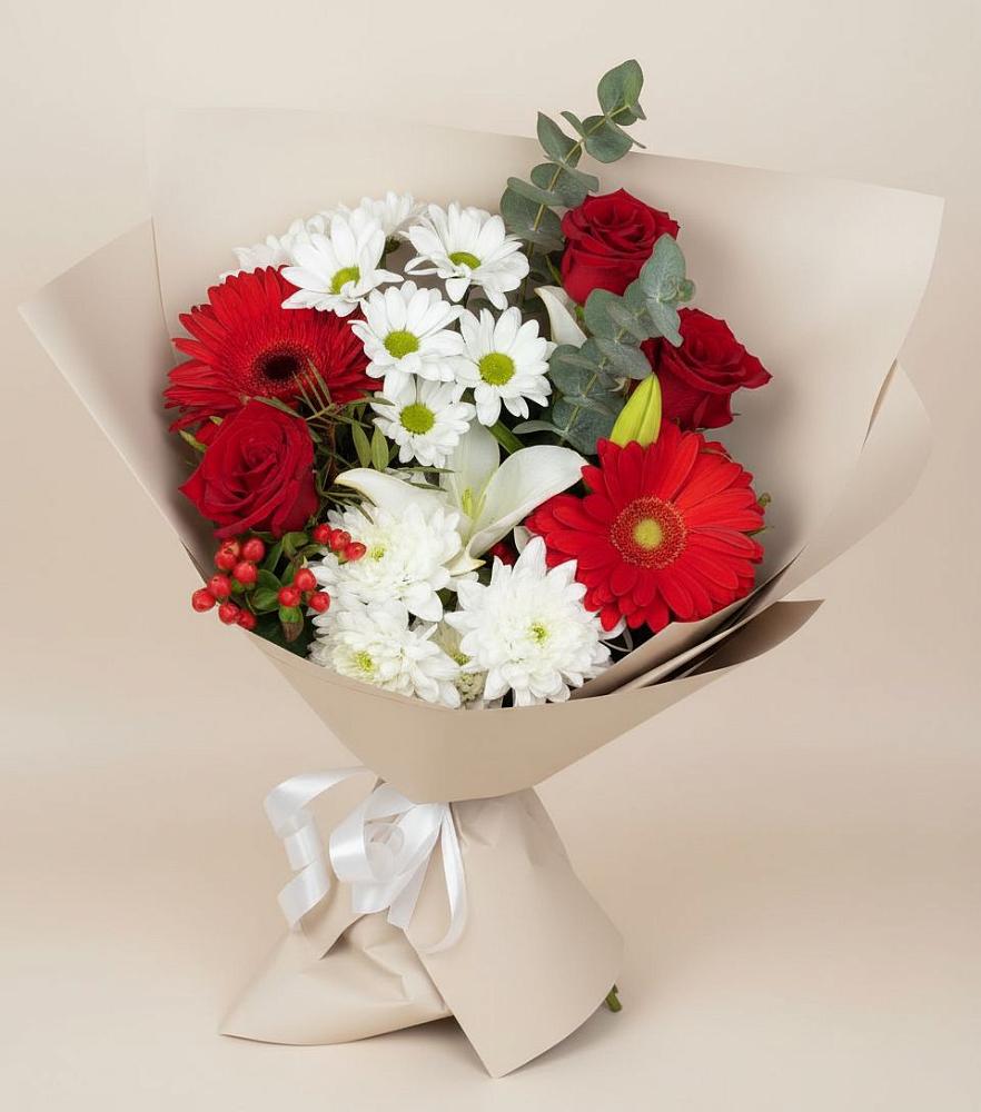 Букет цветов из: Розы, Хризантемы, Герберы и Лилии в Нарьян-Маре